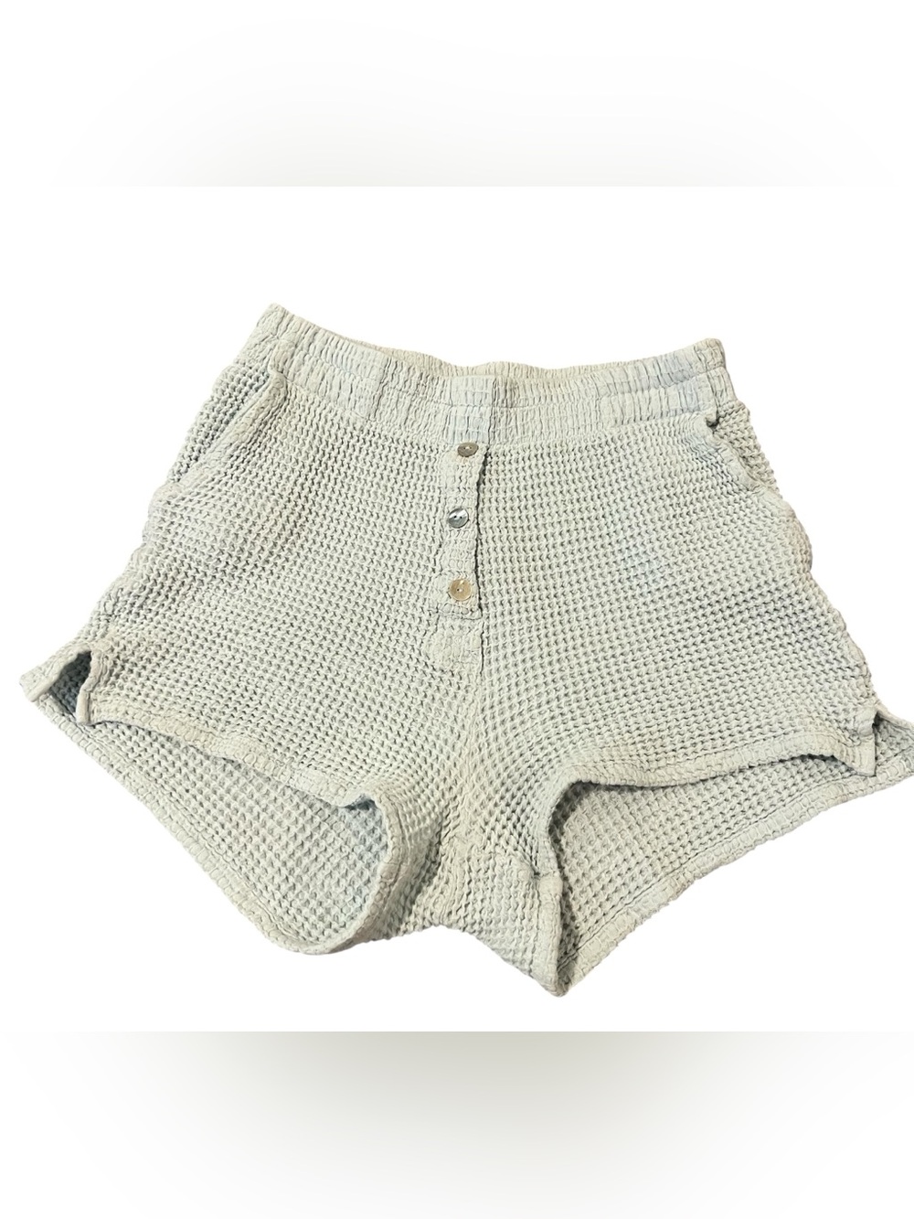 DONNI. Waffle Knit Lounge Shorts XS Seafoam Green Button Front Minimal Luxury